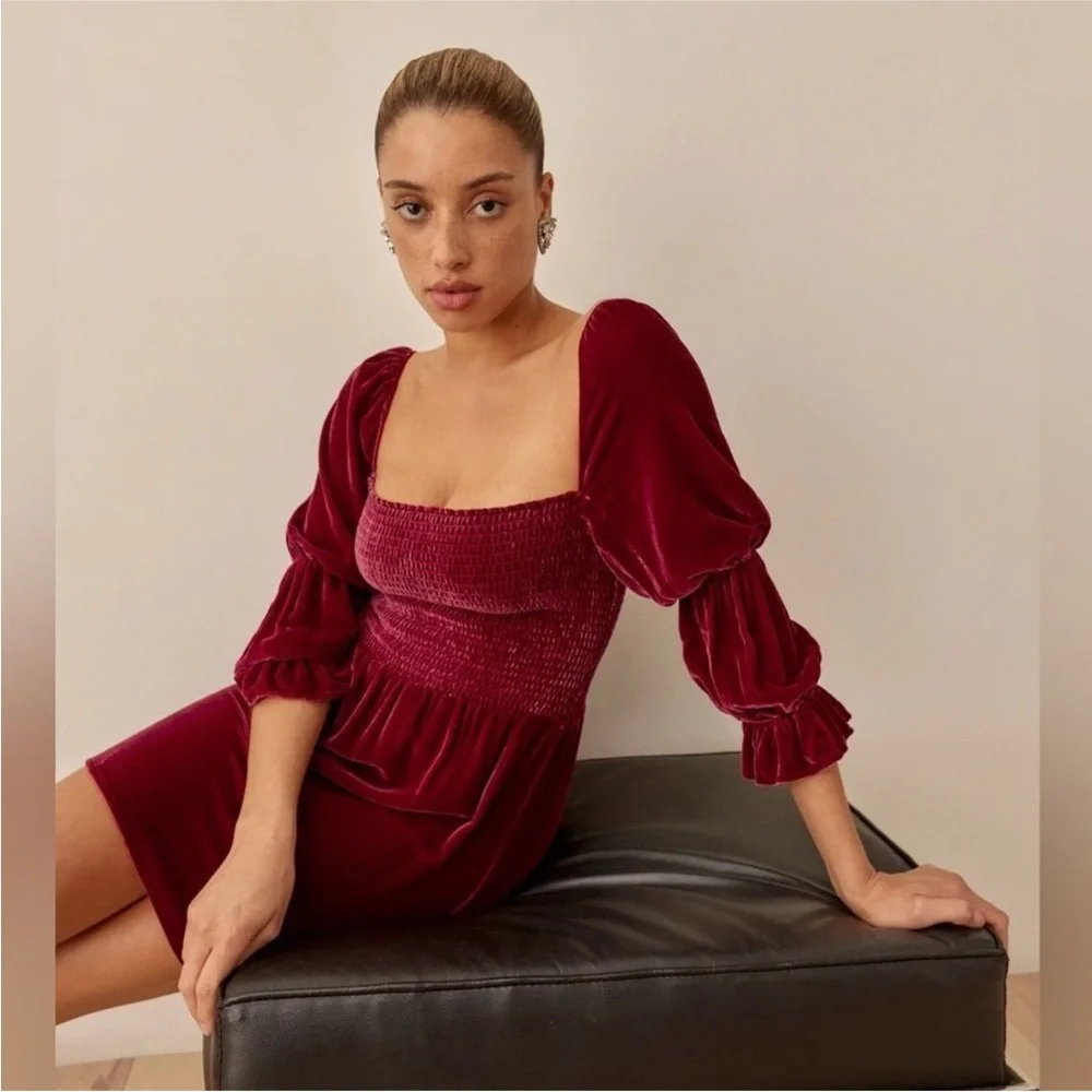 Reformation Albi Crimson Red Velvet Smocked Long Sleeve Mini Dress Sz Small Silk - Picture 3 of 8